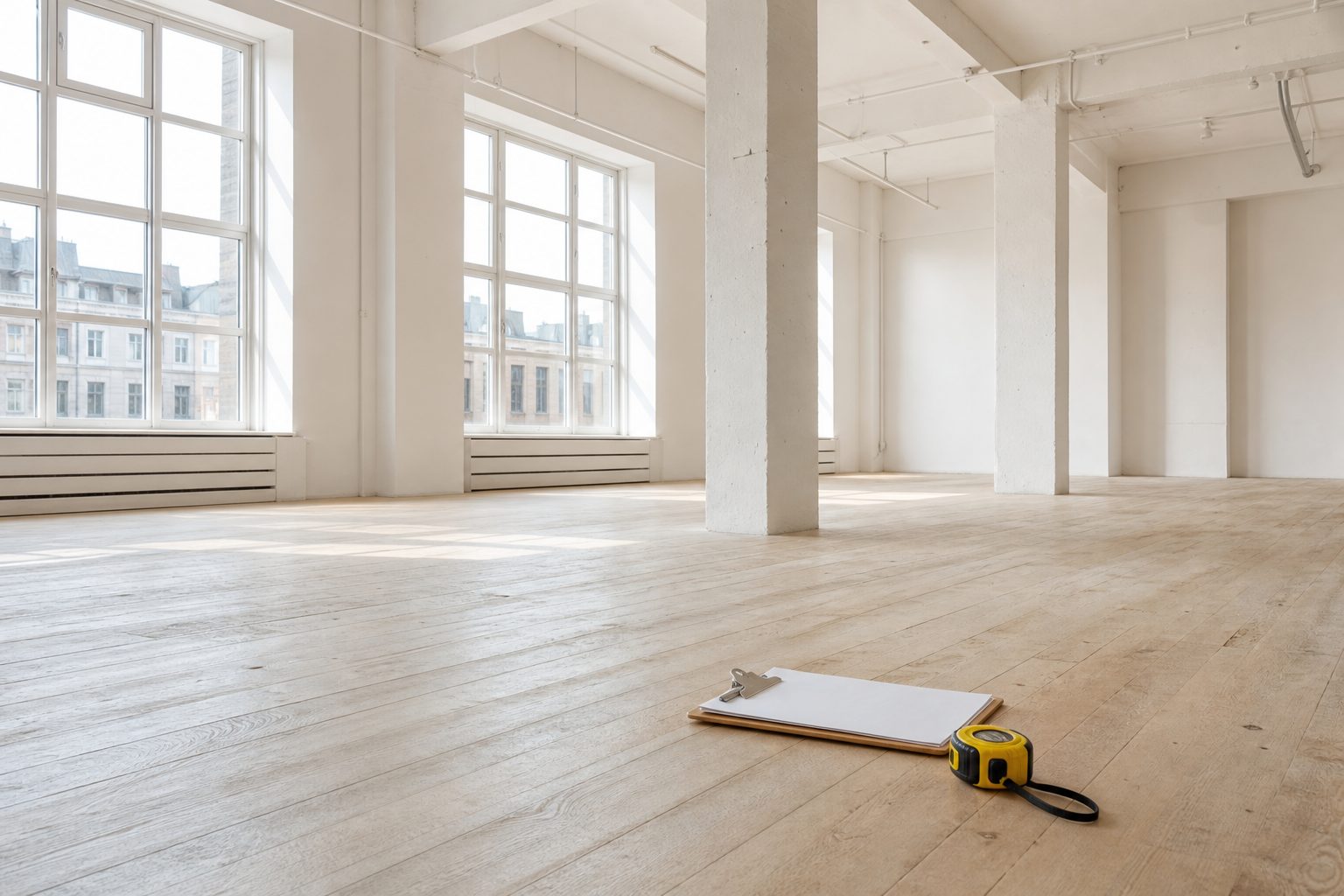 Empty light filled commercial space with bare wood floors being measured for a studio