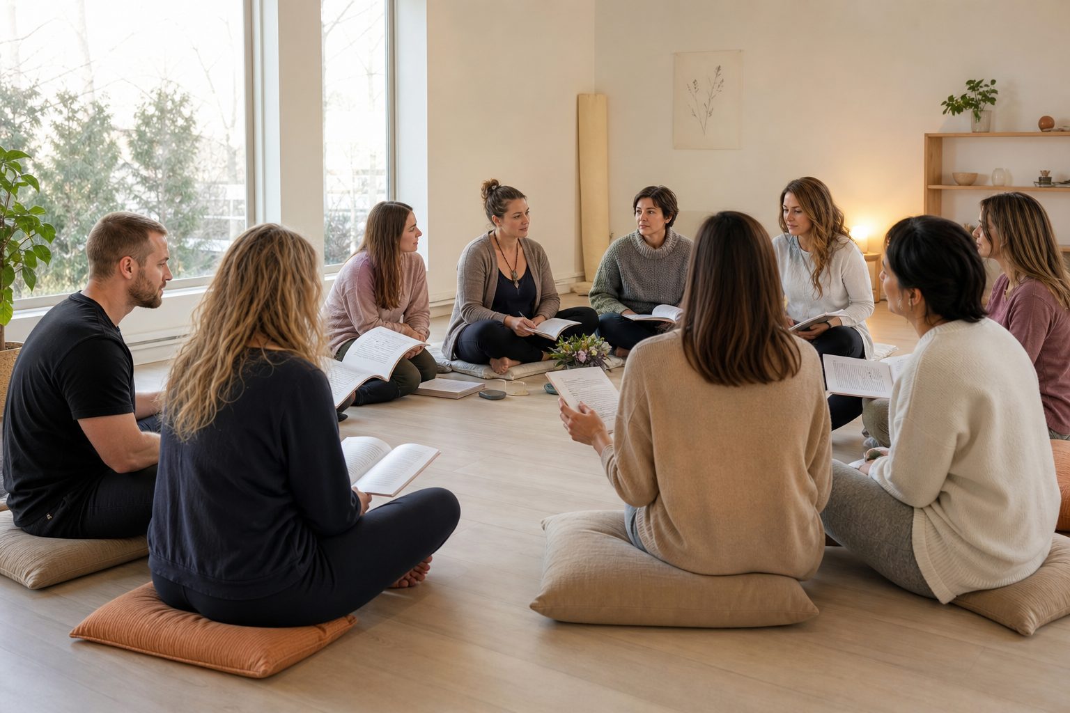 Teacher training group seated in a circle with notebooks on a bright studio floor