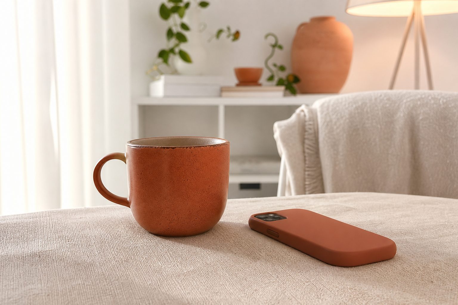 Phone face down beside a ceramic mug on sand colored linen in a softly lit room