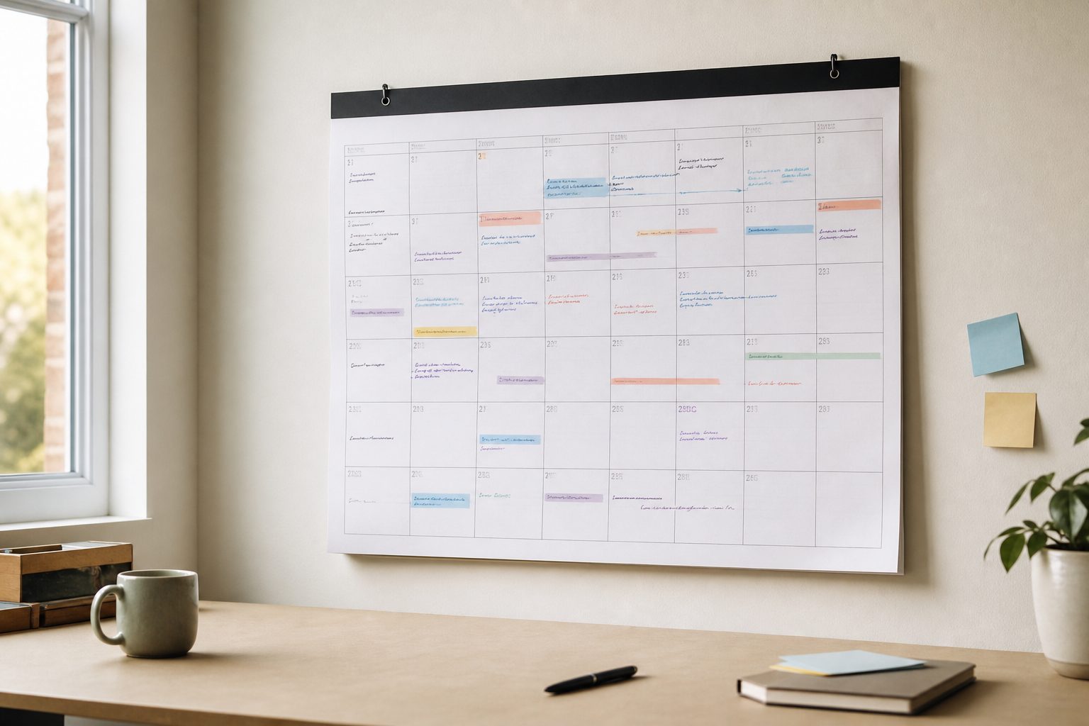 Large wall calendar marked with colored scheduling blocks in a bright studio office