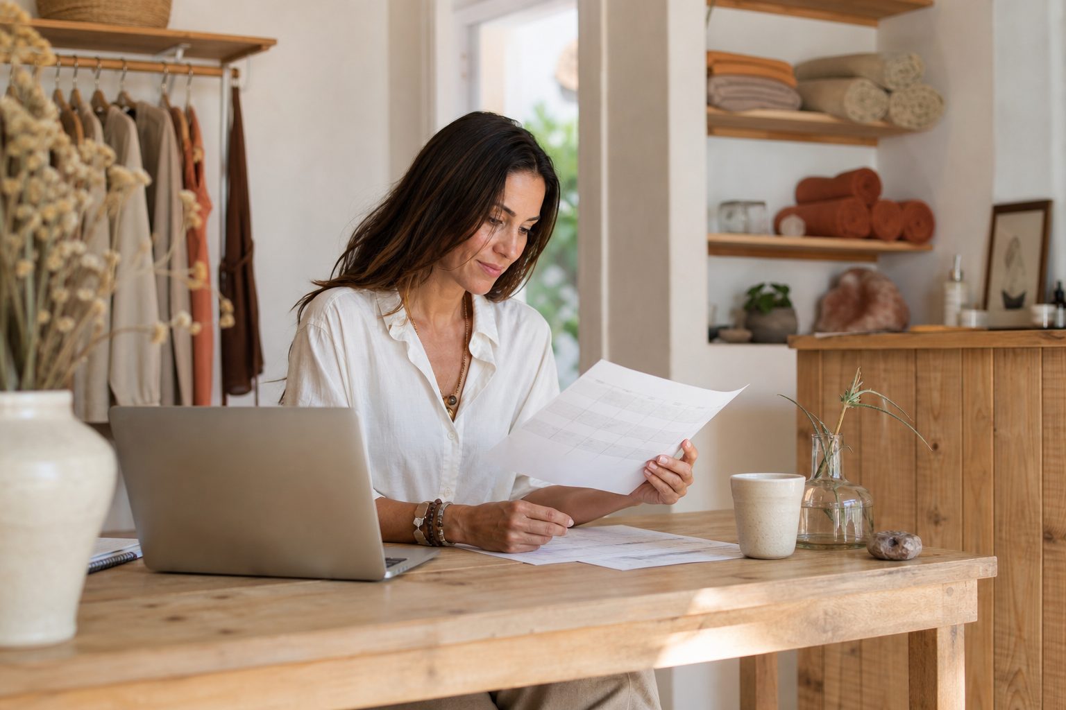 Yoga studio owner reviewing a printed teacher schedule at a sunlit reception desk