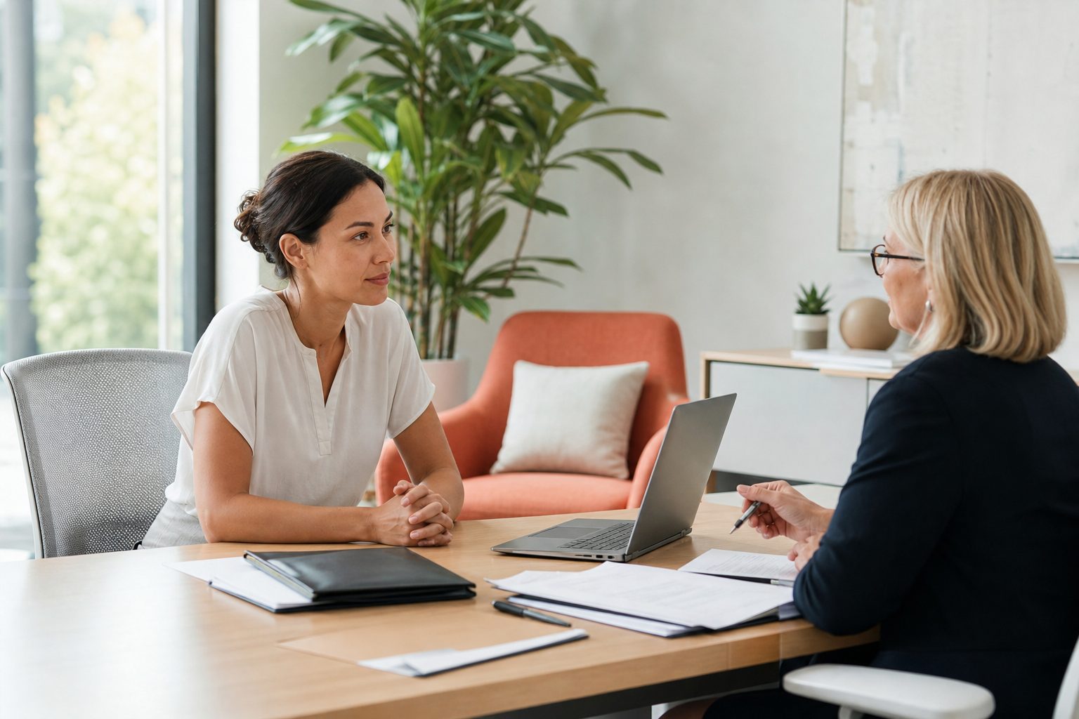Studio owner meeting an advisor across a light oak table in a bright office
