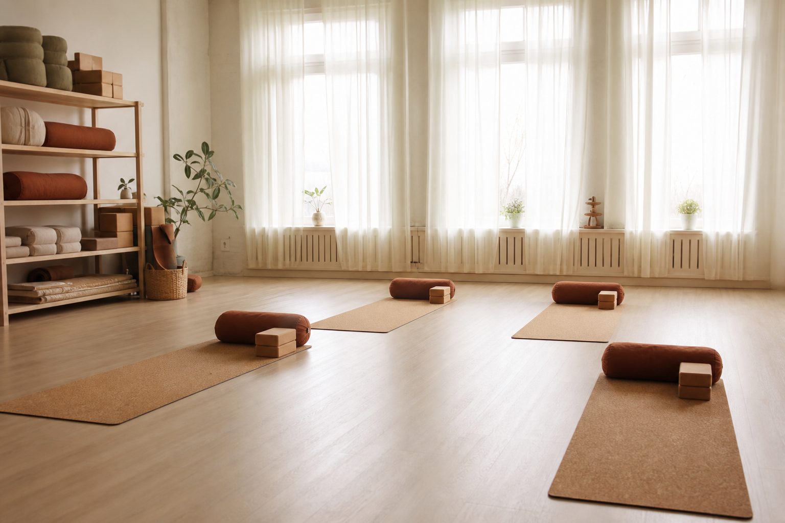 Bright yoga studio with four mats set out on a pale wood floor before an early class