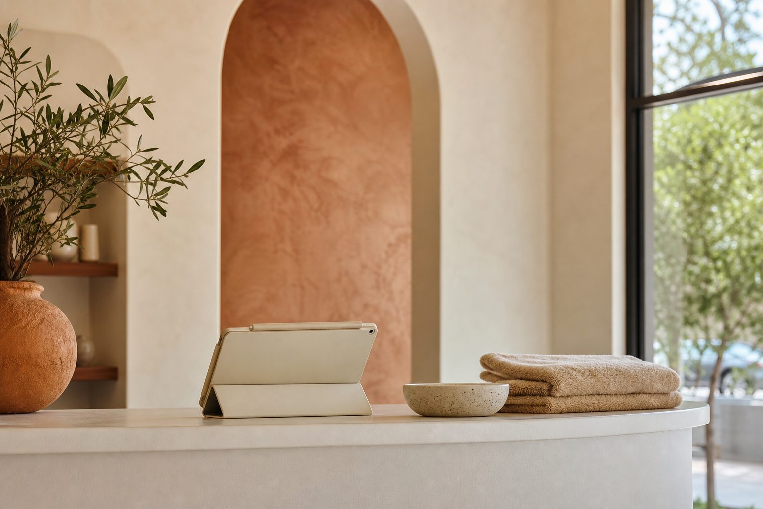 Bright yoga studio front desk with tablet, ceramic bowl and folded towels