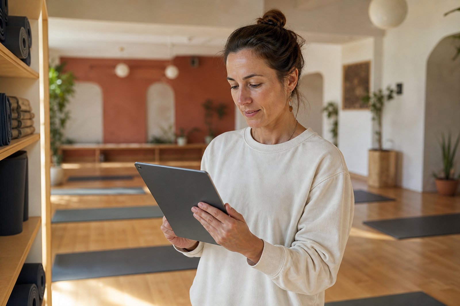 A yoga studio owner reviewing the weekly class schedule on a tablet in a warm empty studio with rolled mats and wooden floors