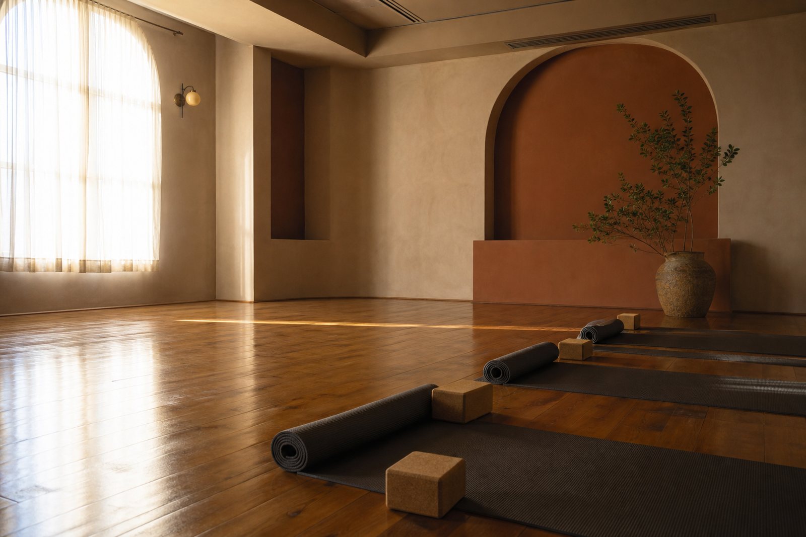 A warm empty yoga studio with rolled mats, cork blocks and a wooden floor lit by soft window light